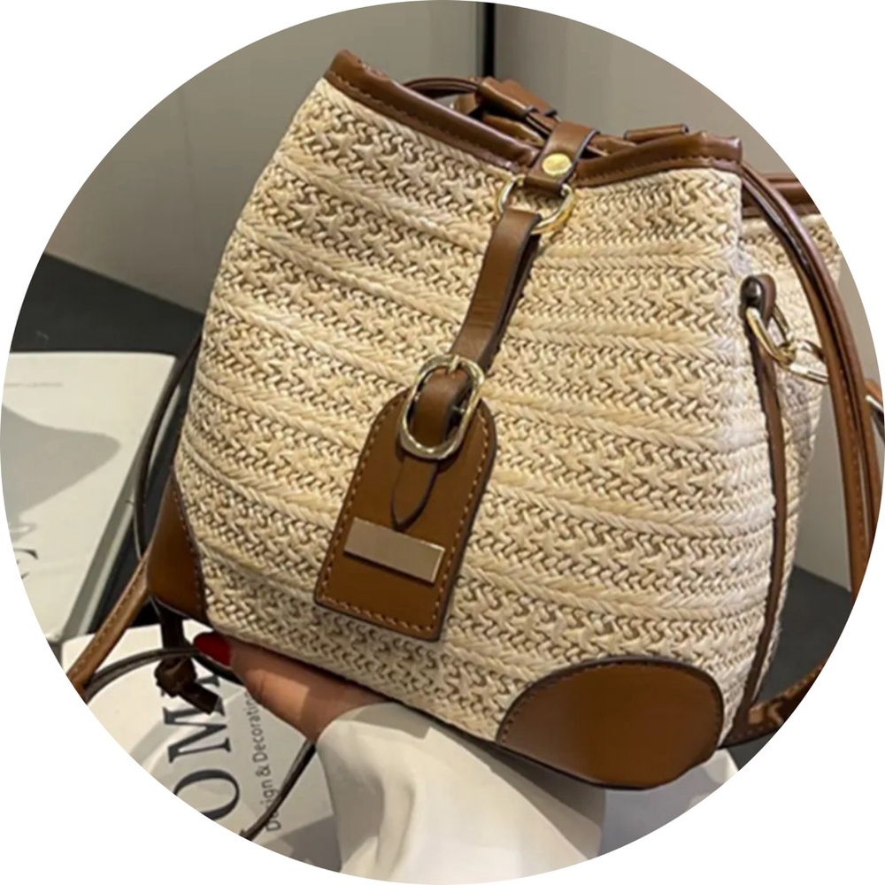 NEW! Bucket Crossbody Bag PU Stitching Woven Straw Shoulder Bag! - Picture 2 of 11